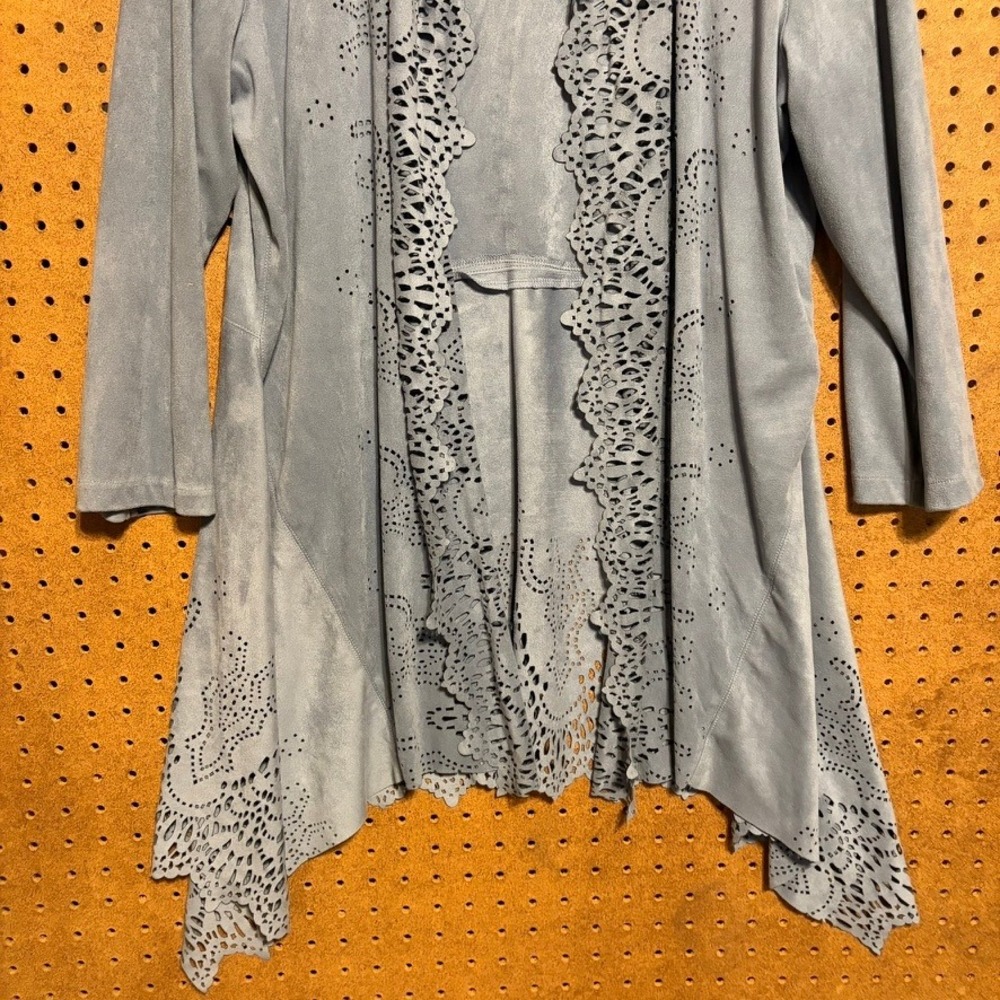 Multiples Cardigan XL Blue Faux Suede Laser Cut Out Boho Costal Open Front - Picture 3 of 6